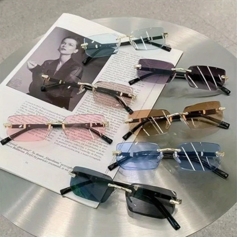 1pc Trendy Rimless Y2K Glasses for Women Men Punk Frameless Rectangle Glasses Retro Gradient Shades Driving Travel UV400 Eyewear