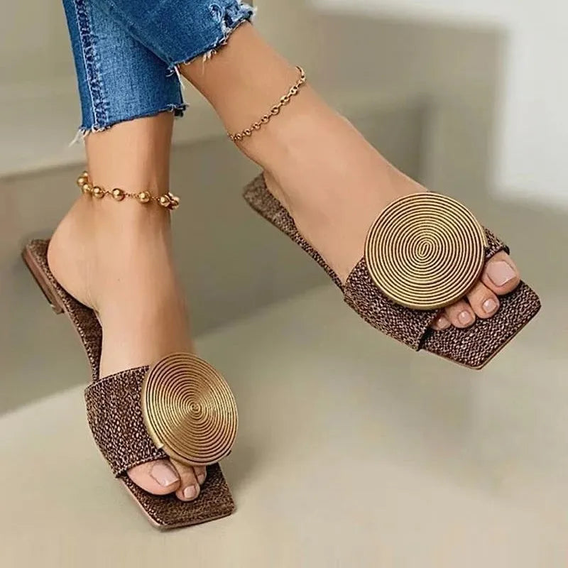 Luxury Korean Style Crystal Beach Slippers Flat Casual Sandals Large Size Buttoned - MANDOTOS INTERNATIONAL