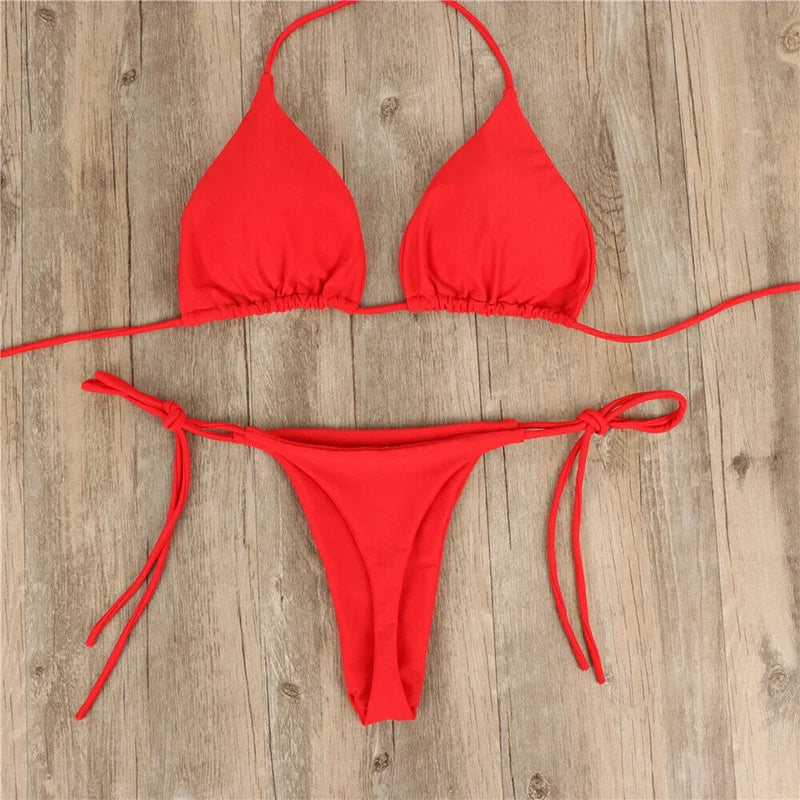 Summer Sexy Solid Mirco Bikini Set Women Tie Side G-String Thong Swimsuit Female Bandage Bathing Suit Brazilian Swimwear Biquini