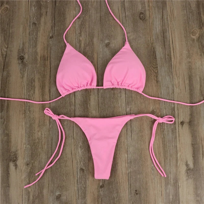 Summer Sexy Solid Mirco Bikini Set Women Tie Side G-String Thong Swimsuit Female Bandage Bathing Suit Brazilian Swimwear Biquini