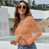 2023 Sexy Women's Long Sleeve Hollow Cutout Knit Blouse V-Neck Drawstring Beach Sunscreen Short Pullover Thin Casual Sweater