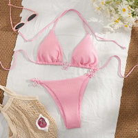 Same-day Shipping Custom Sexy Solid Flower Special Fabric Push up Wrinkle Triangle Two Piece Bikini Women Halter Belt Swimwear