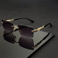 Unisex Luxury Frameless Black Golden Sunglasses with Leopard Print - UV400 Protection, Thin Rectangular Lenses, Elegant Design
