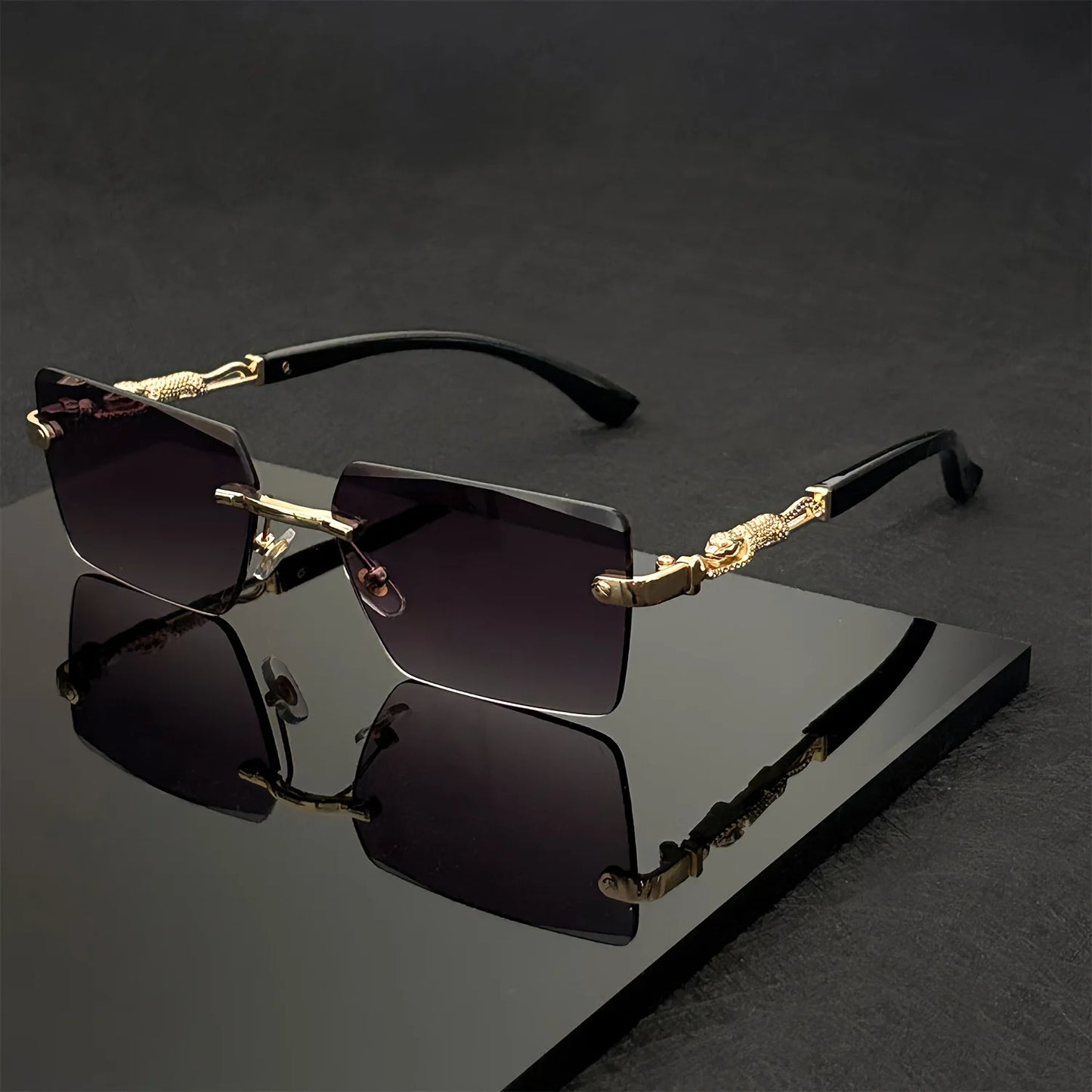 Unisex Luxury Frameless Black Golden Sunglasses with Leopard Print - UV400 Protection, Thin Rectangular Lenses, Elegant Design