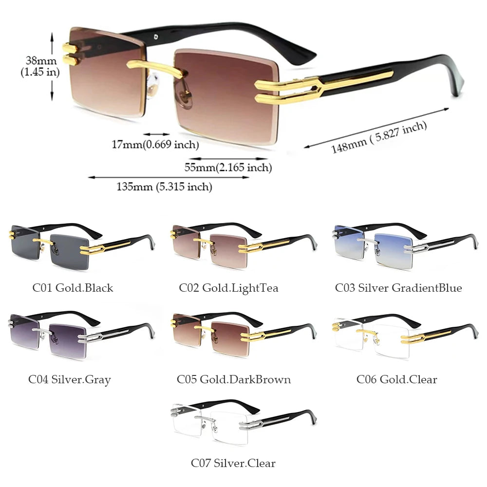 HBK Luxury Rimless Sunglasses Frames 2024 Retro Rectangle Party Use with Blue Black Gold Silver PC Frames