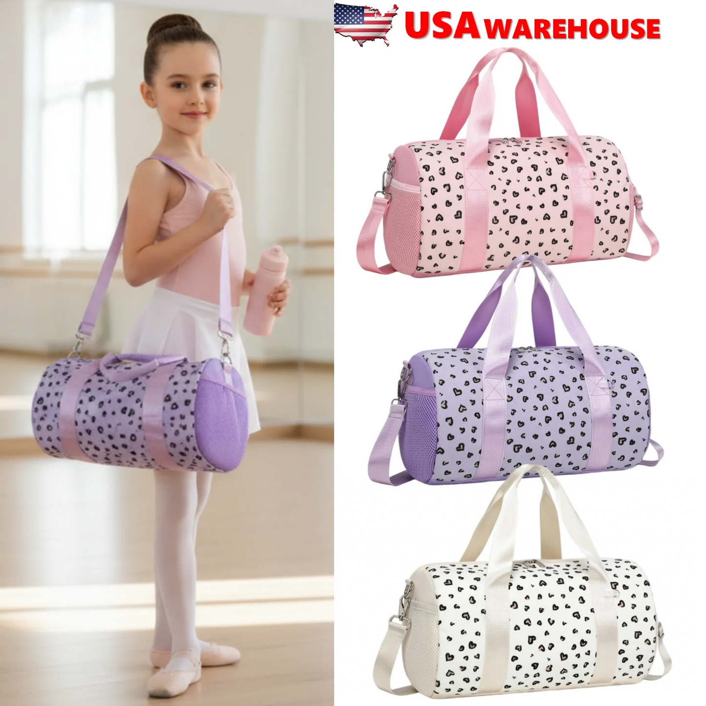 Glitter Hearts Ballet Bag for Girls - US Stock Duffel Travel Weekender Gym Bag - MANDOTOS INTERNATIONAL