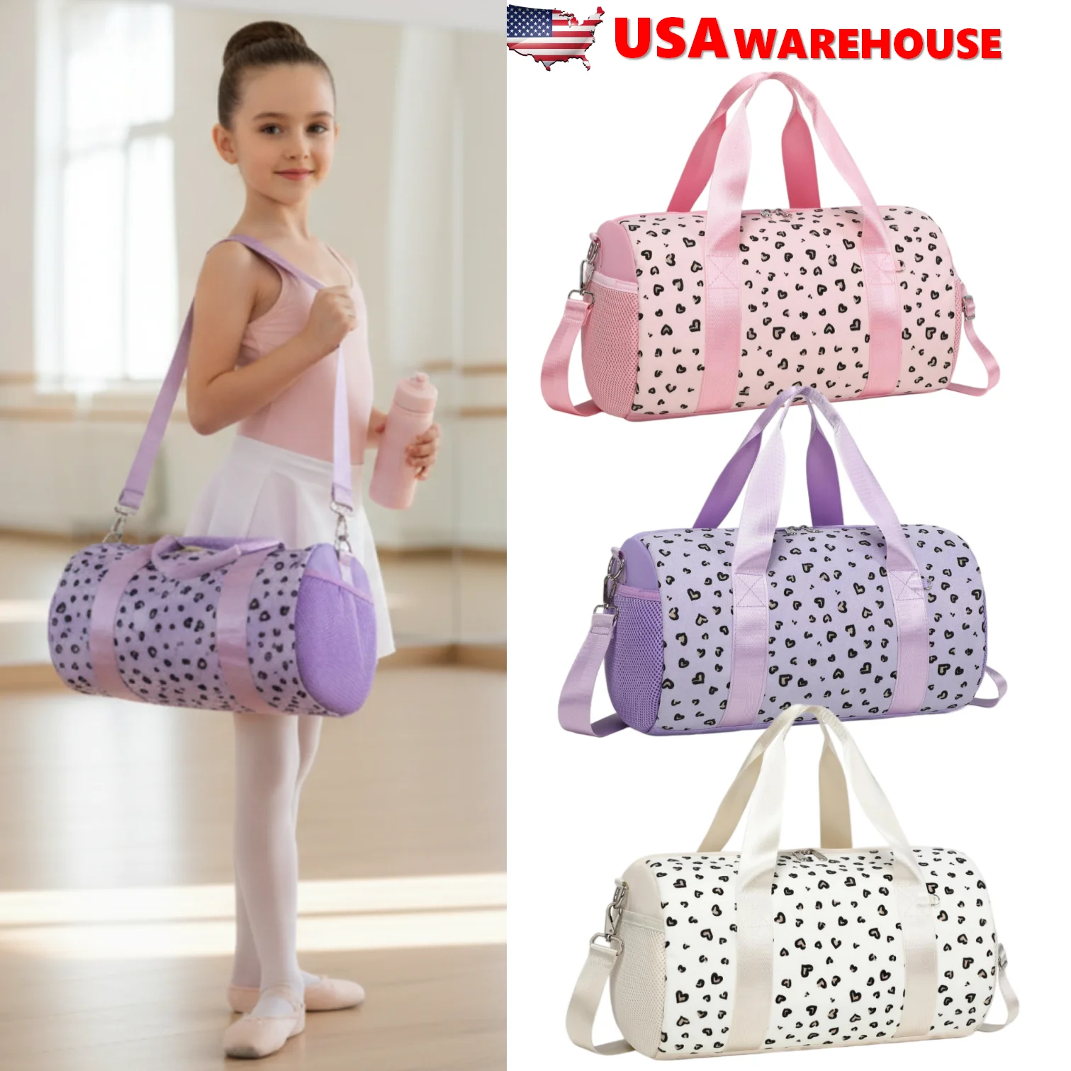 Glitter Hearts Ballet Bag for Girls - US Stock Duffel Travel Weekender Gym Bag - MANDOTOS INTERNATIONAL