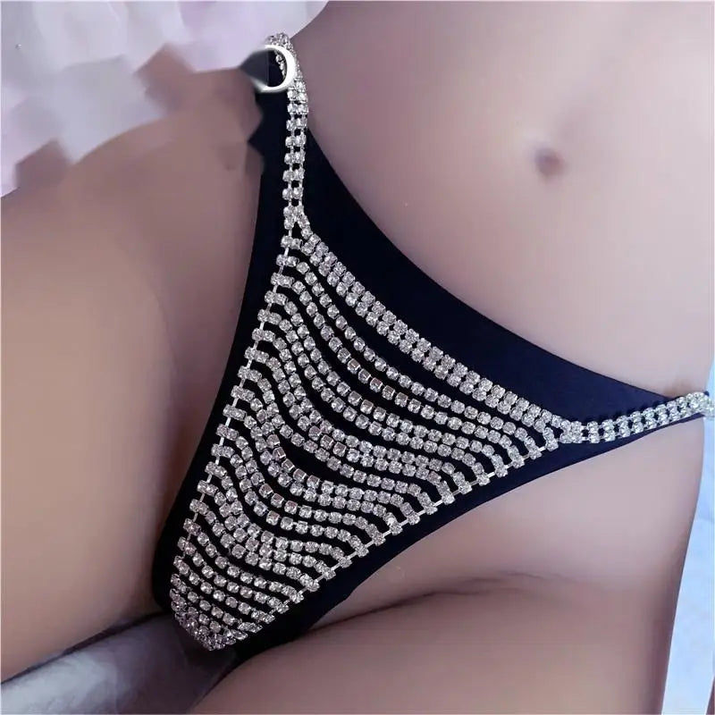 High Quality Party Sexy Women Crystal Thong Panties Rhinestone Shiny Bikini Chain Jewelry Lingerie Sets