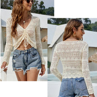 2023 Sexy Women's Long Sleeve Hollow Cutout Knit Blouse V-Neck Drawstring Beach Sunscreen Short Pullover Thin Casual Sweater