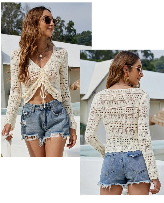 2023 Sexy Women's Long Sleeve Hollow Cutout Knit Blouse V-Neck Drawstring Beach Sunscreen Short Pullover Thin Casual Sweater
