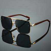 UV400 Unisex Square Men'S Sunglasses With Case -Unique Double Bridge Retro Wood Grain Luxury Style for Daily Wear Driving Travel