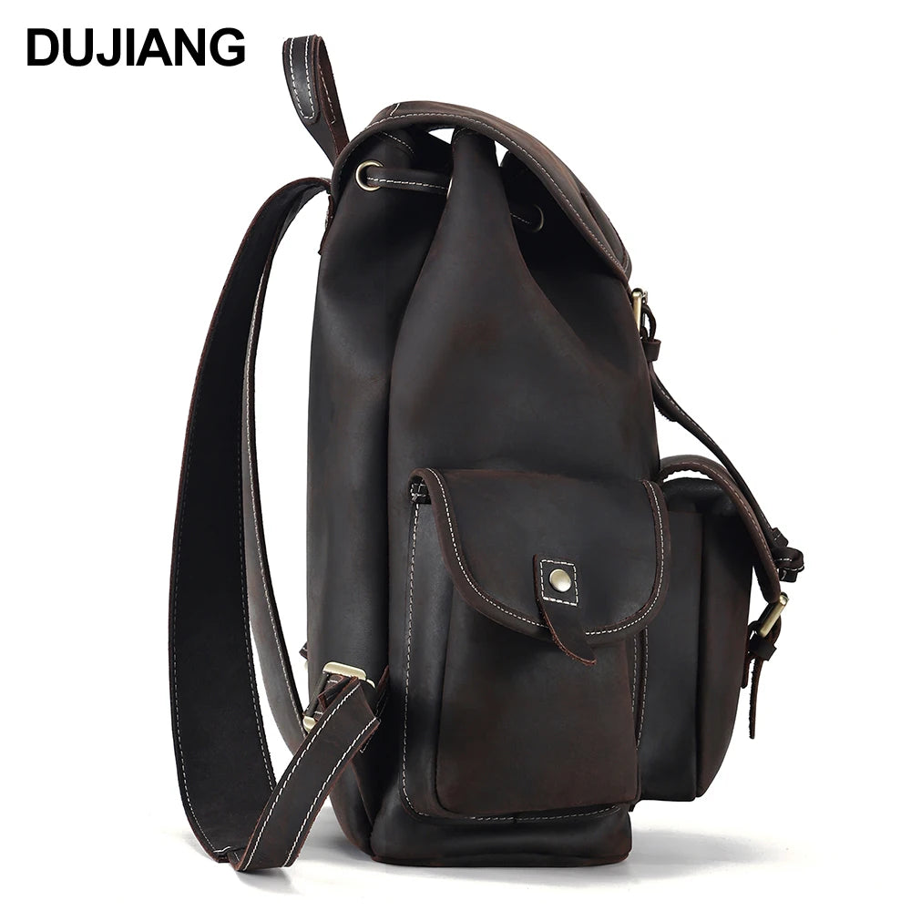 Crazy Horse Leather Large Capacity Men's Backpack Retro Leisure Travel Drawstring Bucket Schoolbag High Sense for Business