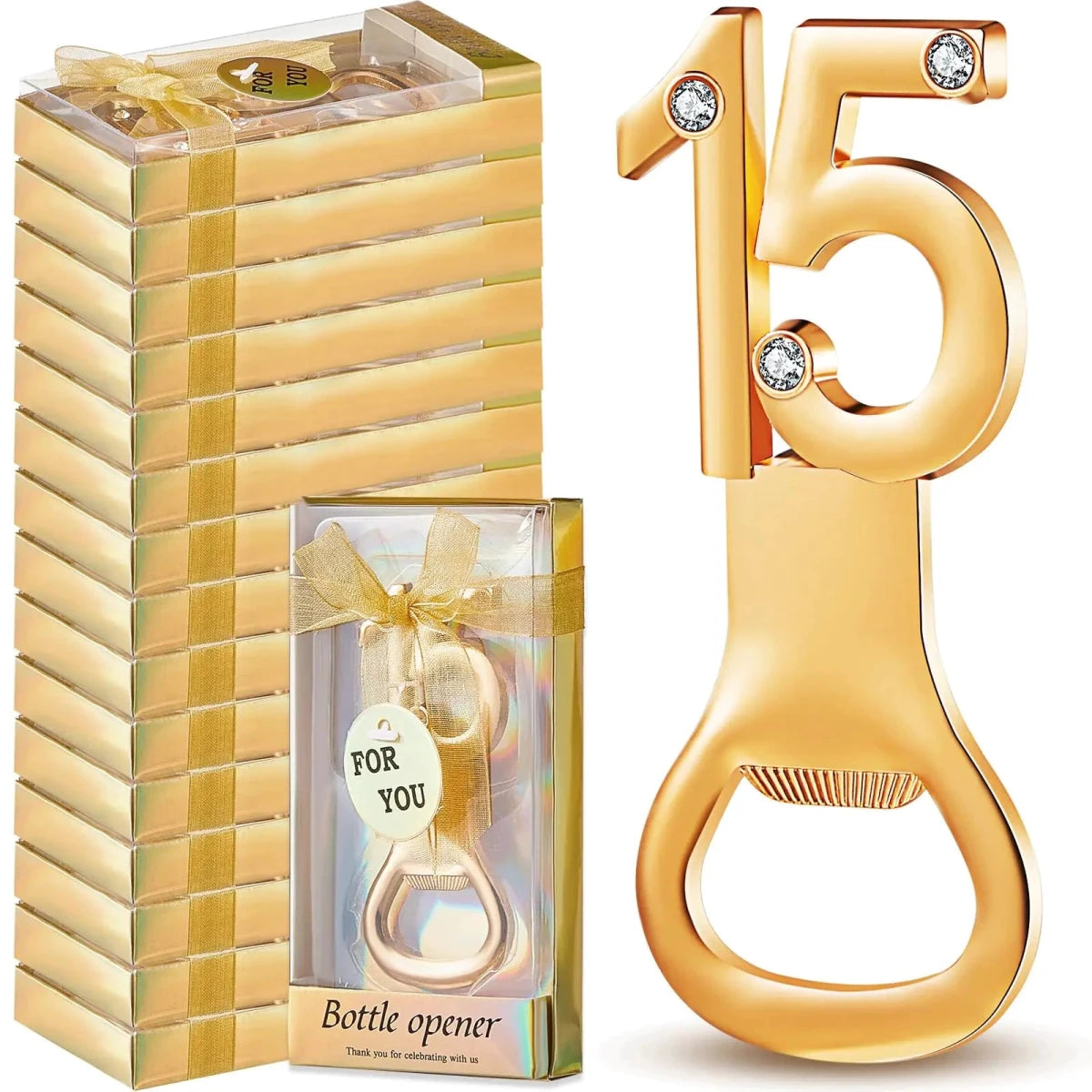 QuinceGold 15th Birthday Party Favors - 36 Gold Bottle Openers with Rhinestone Decorations - MANDOTOS INTERNATIONAL
