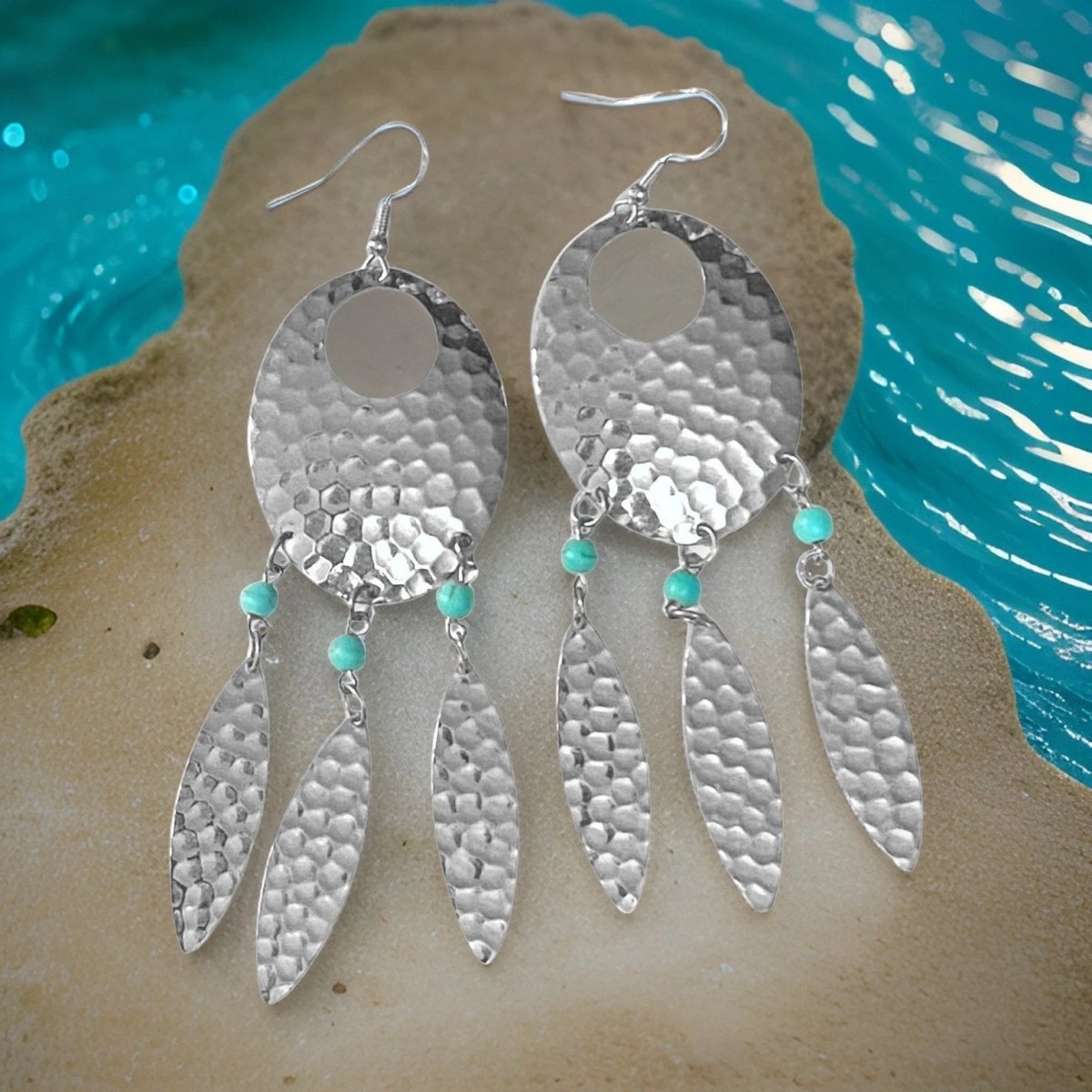 Navette Dream Catcher Earrings with Turquoise Accents and Feathers by The Urban Charm The Urban Charm