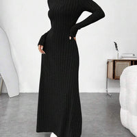 European and American Cross-Border Autumn and Winter Women's Clothing, Slim-Fitting High Collar, Fashionable Solid Color Pit Strip Brushed Long-Sleeved Dress for Women