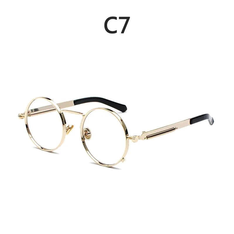 Gold-tone round metal glasses with adjustable nose pads, black temple tips, vintage steampunk style.