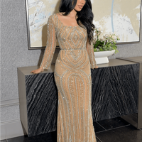 Reema Sequin Modest Square Neckline Long Sleeve Embellished Dress