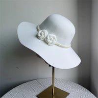 Women's Hats French Style Fedora Hat for Women 10CM Wide Brim Flat Top Felt Hat Winter Autumn Derby Wedding Jazz Hats