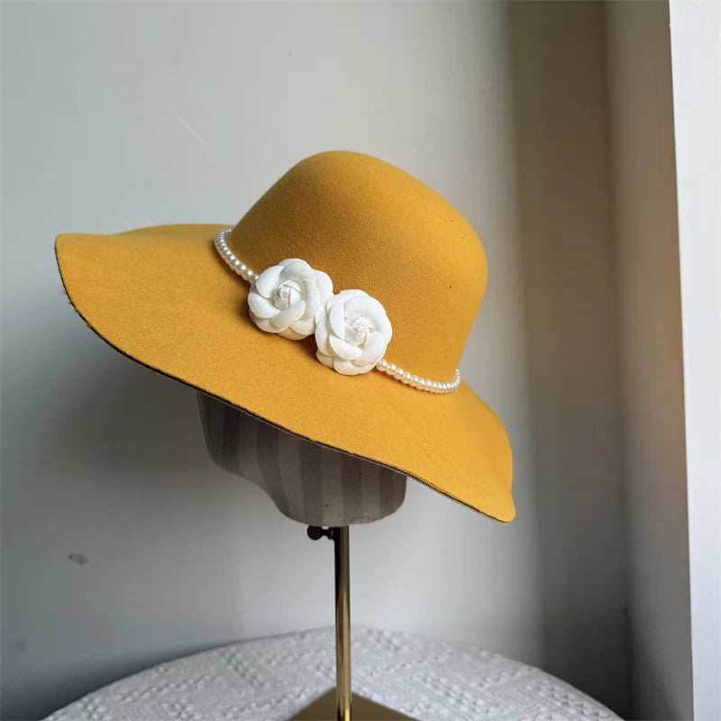 Women's Hats French Style Fedora Hat for Women 10CM Wide Brim Flat Top Felt Hat Winter Autumn Derby Wedding Jazz Hats