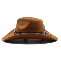 Western cowboy hat with bullhead rivets, curved brim, windproof rope, and felt for outdoor riding and jazz hats
