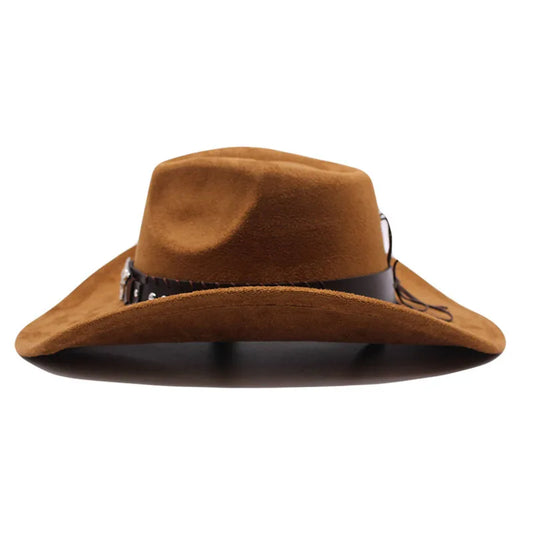 Western cowboy hat with bullhead rivets, curved brim, windproof rope, and felt for outdoor riding and jazz hats