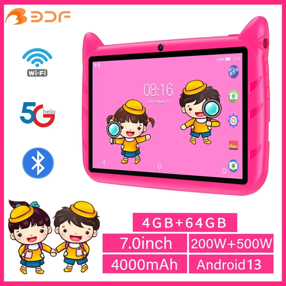 BDF 7 Inch Kid Tablet Android 13, 4GB RAM 64GB ROM,1TB Expand,5G WiFi,4000MAH Battery,Dual Camera, Children's Gift Kids Software - MANDOTOS