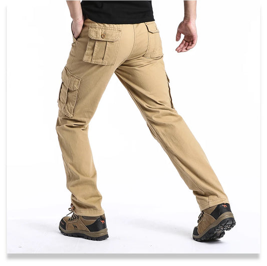 Large Pocket Loose Overalls Men's Outdoor Sports Jogging Tactical Pants Elastic Waist Pure Cotton Casual Work Pants - MANDOTOS