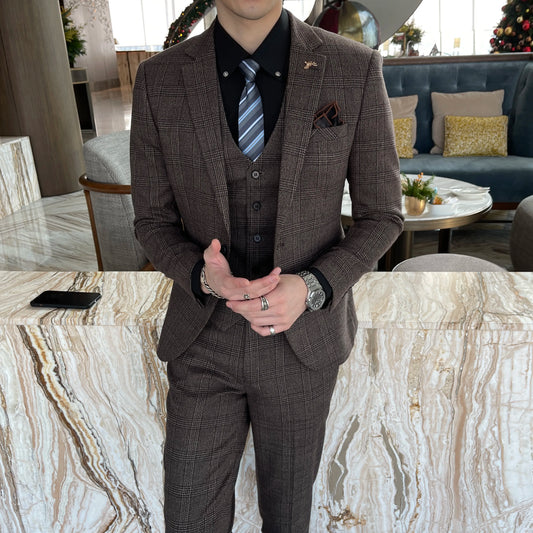 British Korean Style High Quality Modified Plaid Three-Piece Suit for Men - Stylish Business Casual Suit Vest And Trousers Set