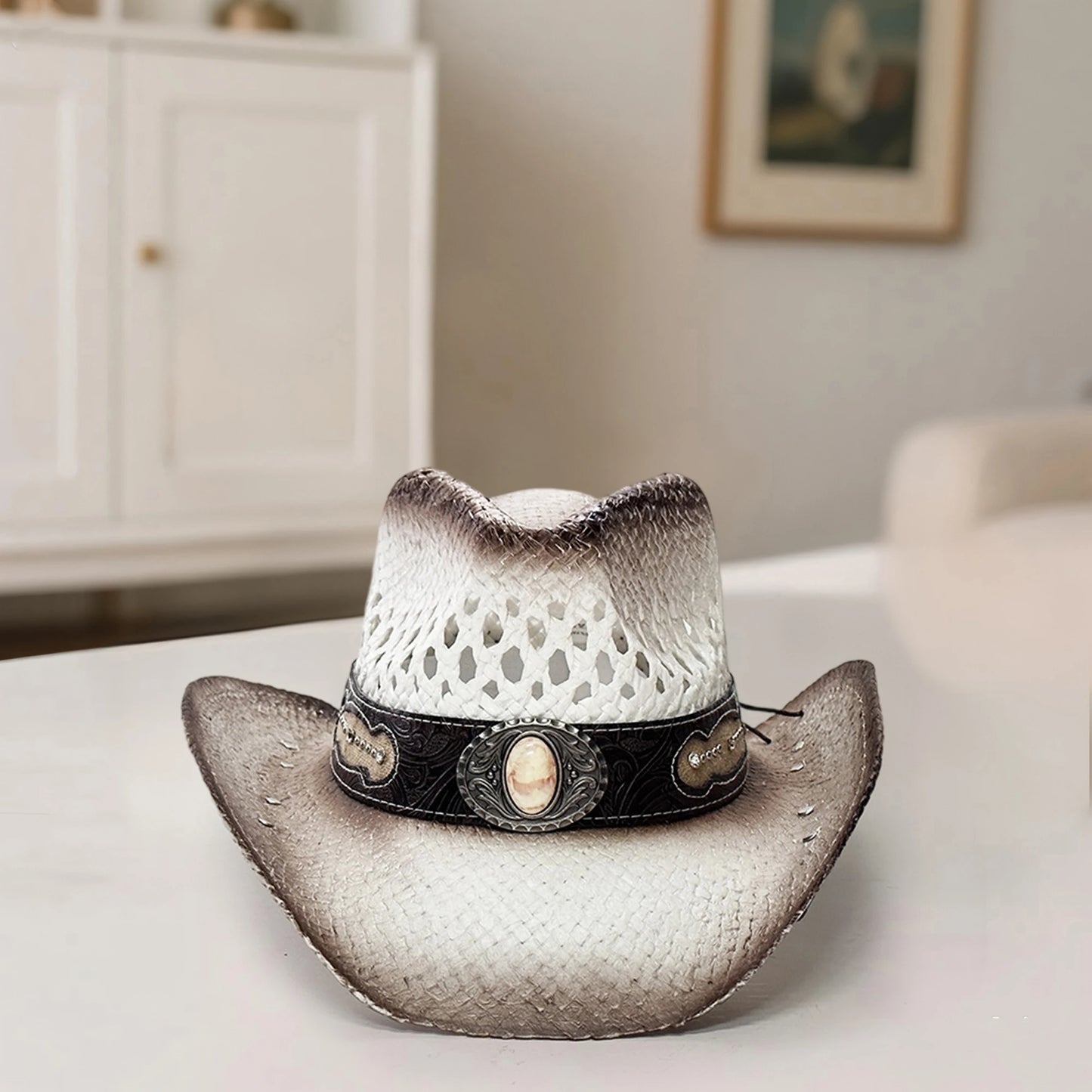 Vintage-Inspired Western Straw Cowboy Hat with Concho Band - Unisex Rodeo Cowgirl Style - MANDOTOS INTERNATIONAL