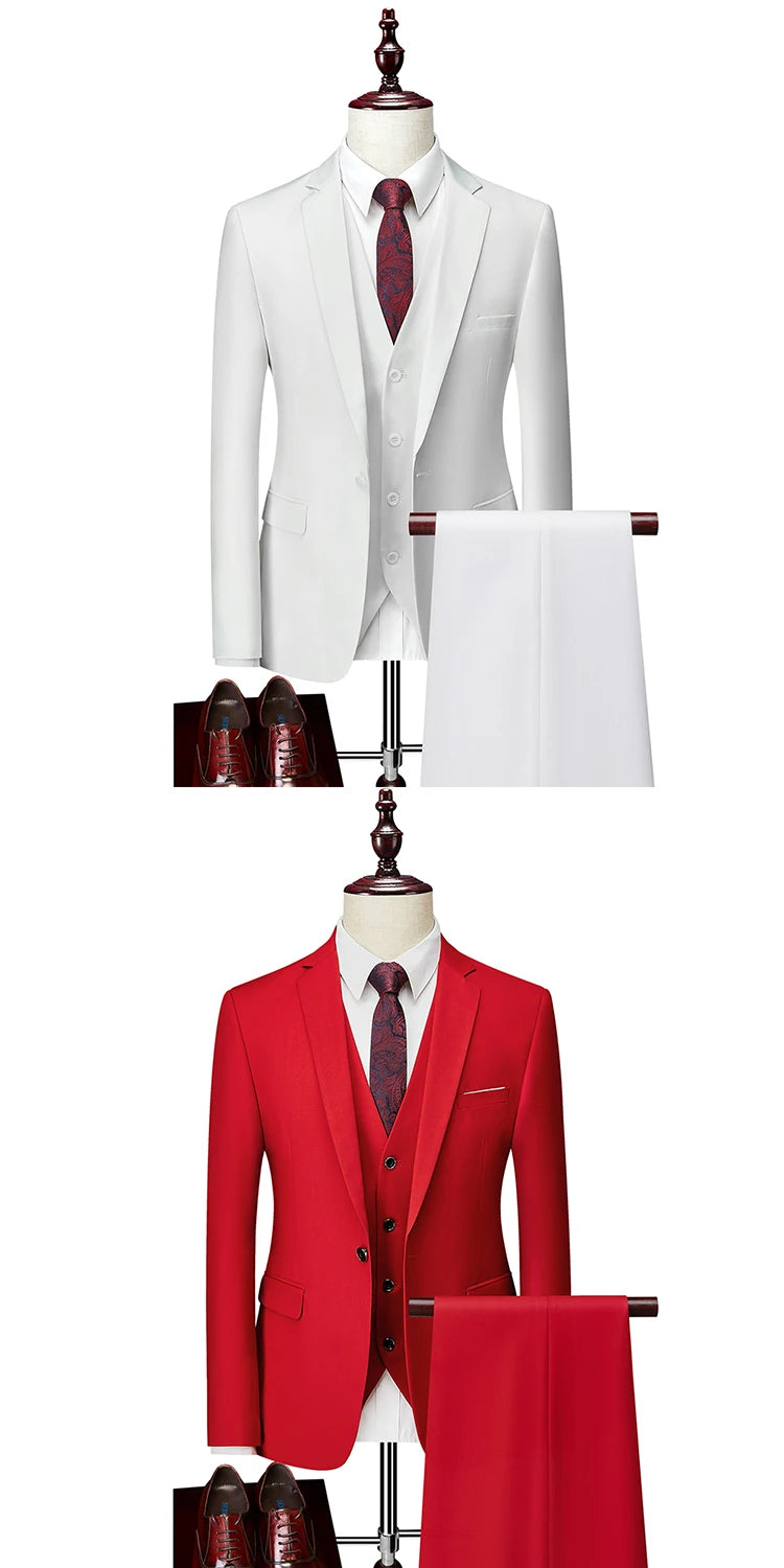 M-6XL 15 Colors ( Jacket+Vest+Pants ) Formal Business Office Men's Suits Groom Wedding Dress Party Dress Solid color Suit