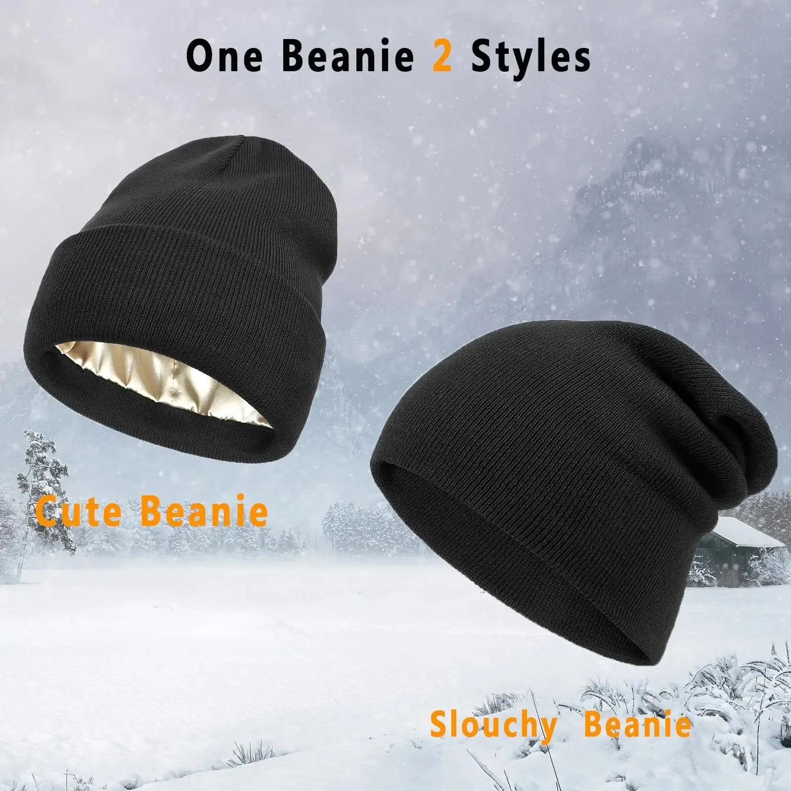 Unisex Satin Lined Beanie Hat For Women Winter Silk Lining Slouchy Warm Cuffed Skullies 2Layer Hair Cover Sleep Cap