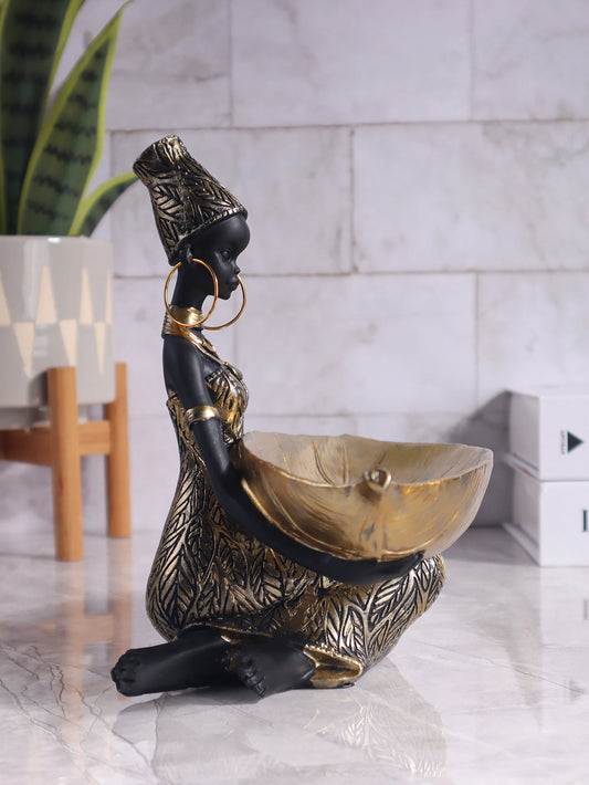 African Girl Holding a Plate Sculpture, Home and Office Decorative Storage Ornament, Vintage Collectible Craft Deskt Decor