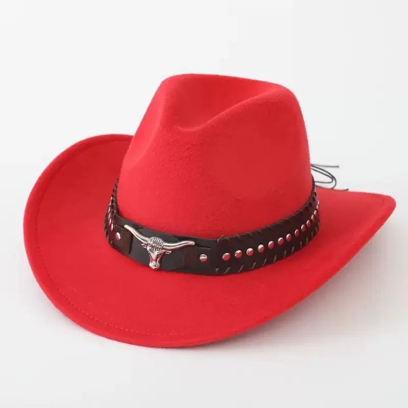 Western cowboy hat with bullhead rivets, curved brim, windproof rope, and felt for outdoor riding and jazz hats
