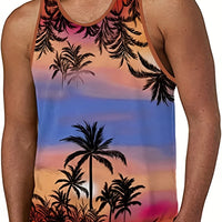 Hawaiian Style Palm Print Men's Tank Top for Summer Beach Trips - MANDOTOS INTERNATIONAL
