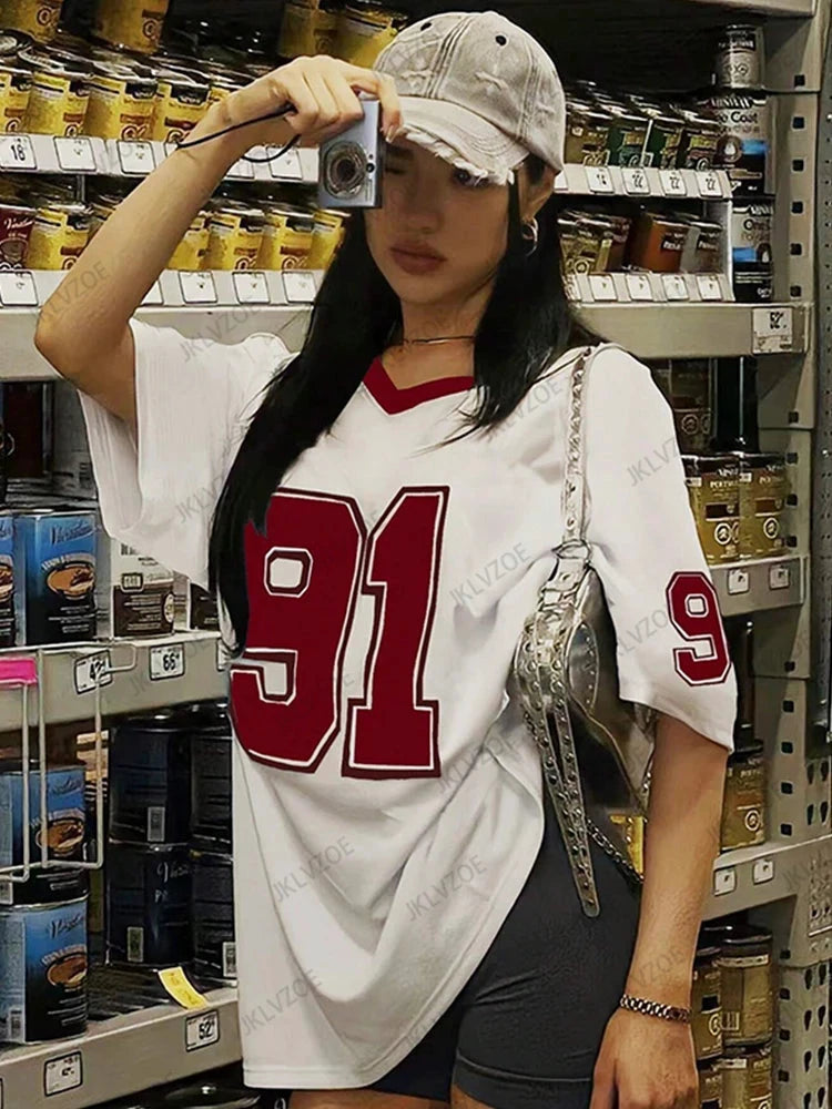 2025 Summer New Retro No.91 Printed T-Shirt For Women V-Neck Short Sleeve Sports Football Jersey Y2K Loose Oversized Tops - MANDOTOS