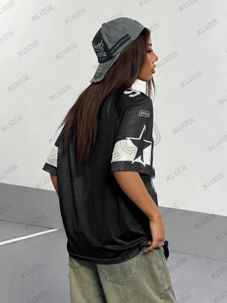 Summer New Black Speed 91 Print T-Shirt For Women V-Neck Patchwork Short Sleeve Sports Football Jersey Y2K Loose Oversized Tops - MANDOTOS