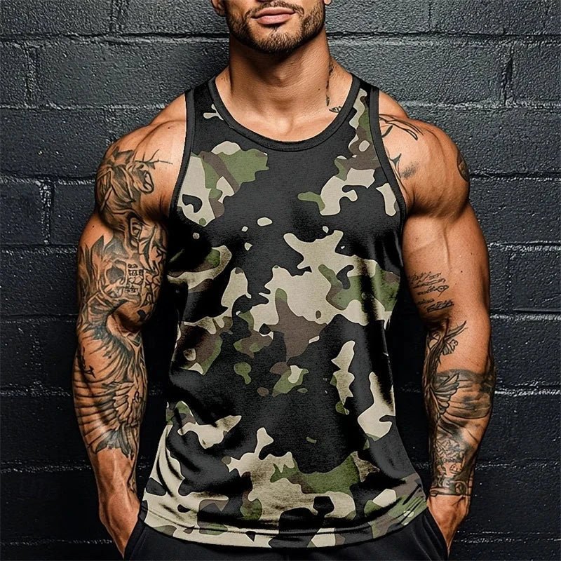 Summer Men Classic Camo Print Fitness Tank Top Gym Sports Loose Breathable Soft Sleeveless Top Fashion Simple Men's Vest Tee MANDOTOS