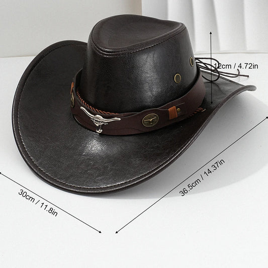 Unisex Vintage Faux Leather Western Cowboy Hat Outdoor Gentleman Cowgirl Jazz Cap Sombrero Hombre
