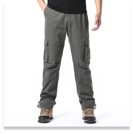Large Pocket Loose Overalls Men's Outdoor Sports Jogging Tactical Pants Elastic Waist Pure Cotton Casual Work Pants - MANDOTOS