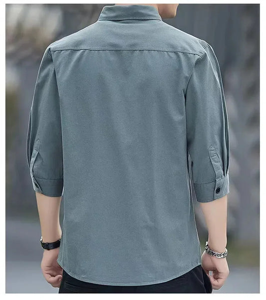 Men shirts Summer Men's clothing Short-Sleeved shirts & blouses Daily Solid Color Stand-Up Collar Casual Beach Style Male Shirt - MANDOTOS