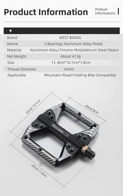 WEST BIKING MTB Integrated Pedals 3 Bearing Ultralight Flat Pedals Aluminum Alloy Nylon Carbon Fiber Coating Specialized Pedals