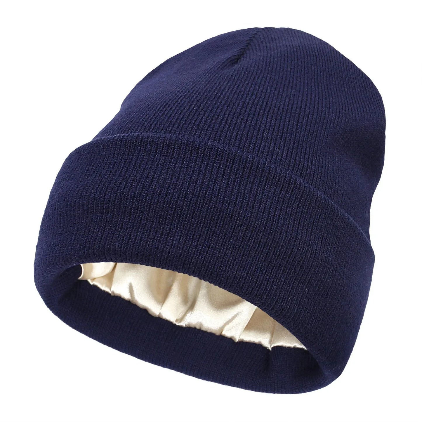 Unisex Satin Lined Beanie Hat For Women Winter Silk Lining Slouchy Warm Cuffed Skullies 2Layer Hair Cover Sleep Cap