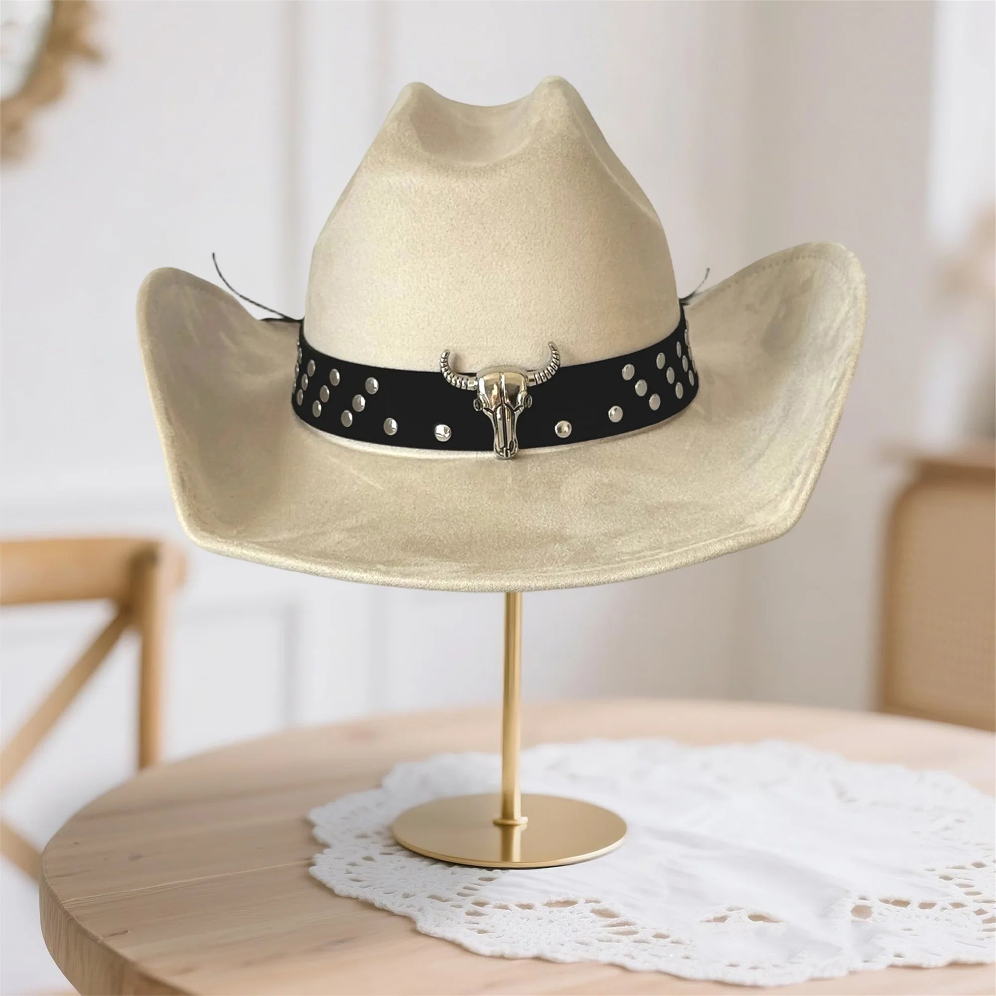 Vintage Style Unisex Cowboy Hat with Bull Head Bead Detail and Wide Brim Fedora for Western Cowgirl Fashionistas