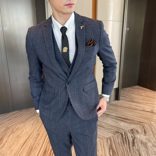 British Korean Style High Quality Modified Plaid Three-Piece Suit for Men - Stylish Business Casual Suit Vest And Trousers Set