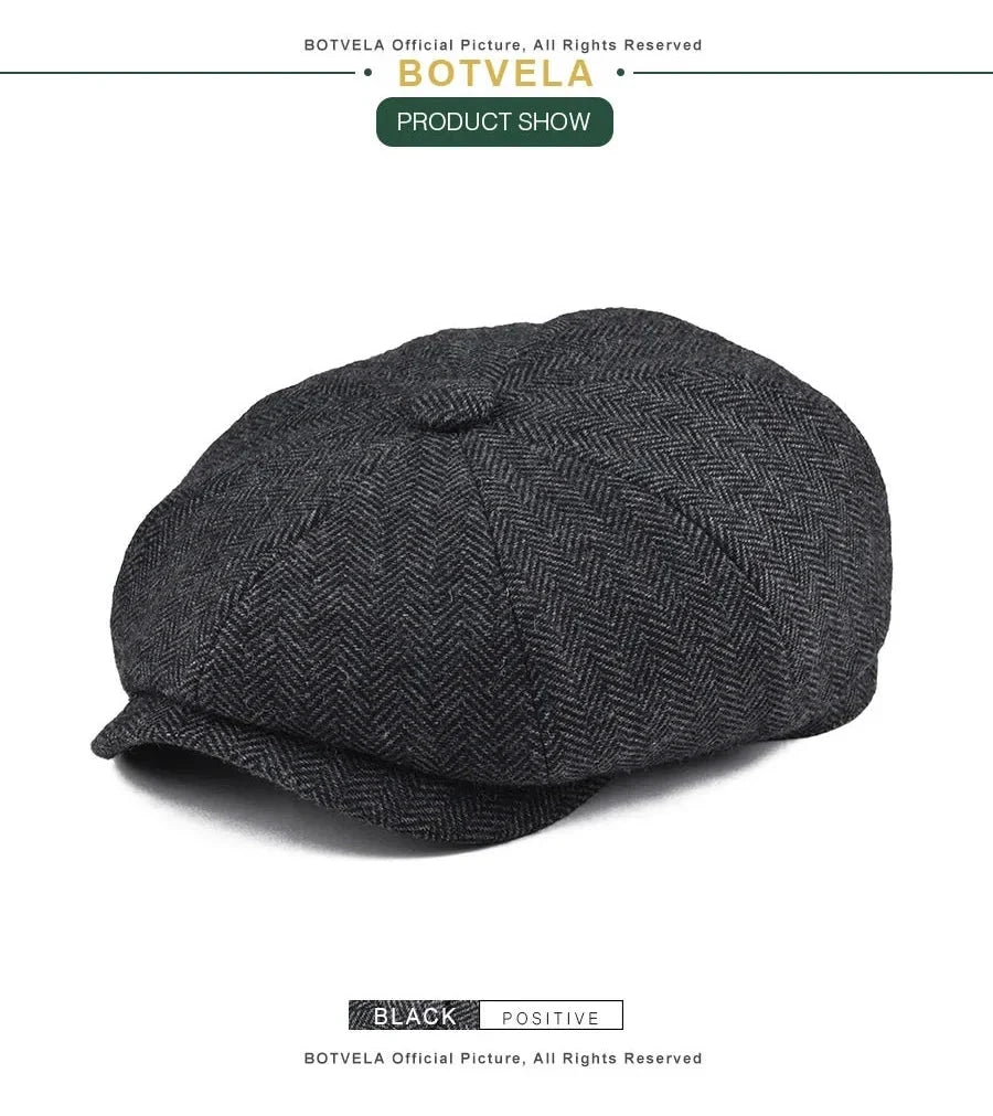 Wool Bleed Herringbone Tweed Newsboy Cap Men 8-Panel Cabbie Flat Caps Gatsby Driver Beret Hat MANDOTOS