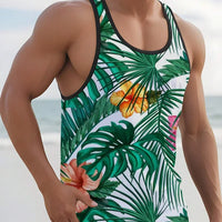 Hawaiian Style Palm Print Men's Tank Top for Summer Beach Trips - MANDOTOS INTERNATIONAL