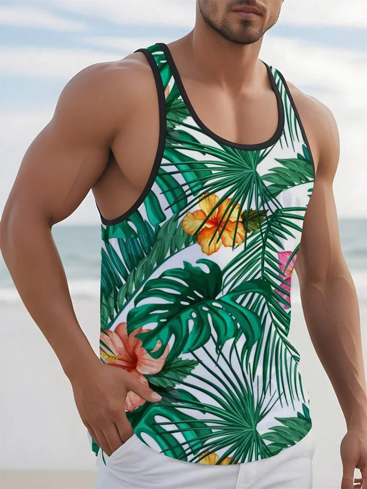 Hawaiian Style Palm Print Men's Tank Top for Summer Beach Trips - MANDOTOS INTERNATIONAL