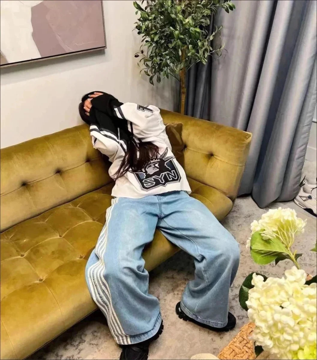 Y2K Baggy Jeans High Quality Embroidered Striped Harajuku Sweatpants Men Women Hip Hop Streetwear Casual Mopping Wide Leg Denim MANDOTOS