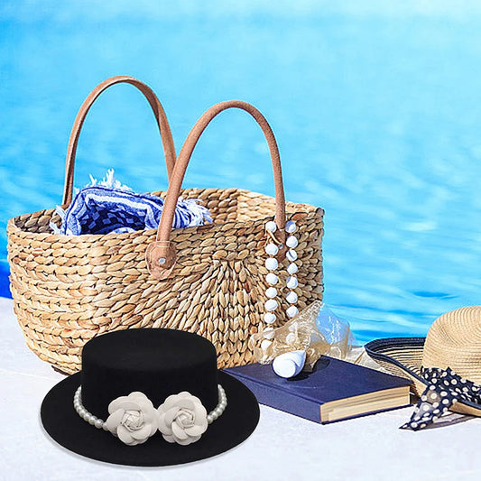 Women Wool Boater Hat Pearl Flower Decor Classic Flat Top Fedora Hat Wide Brim Church Derby Cap,French British Style