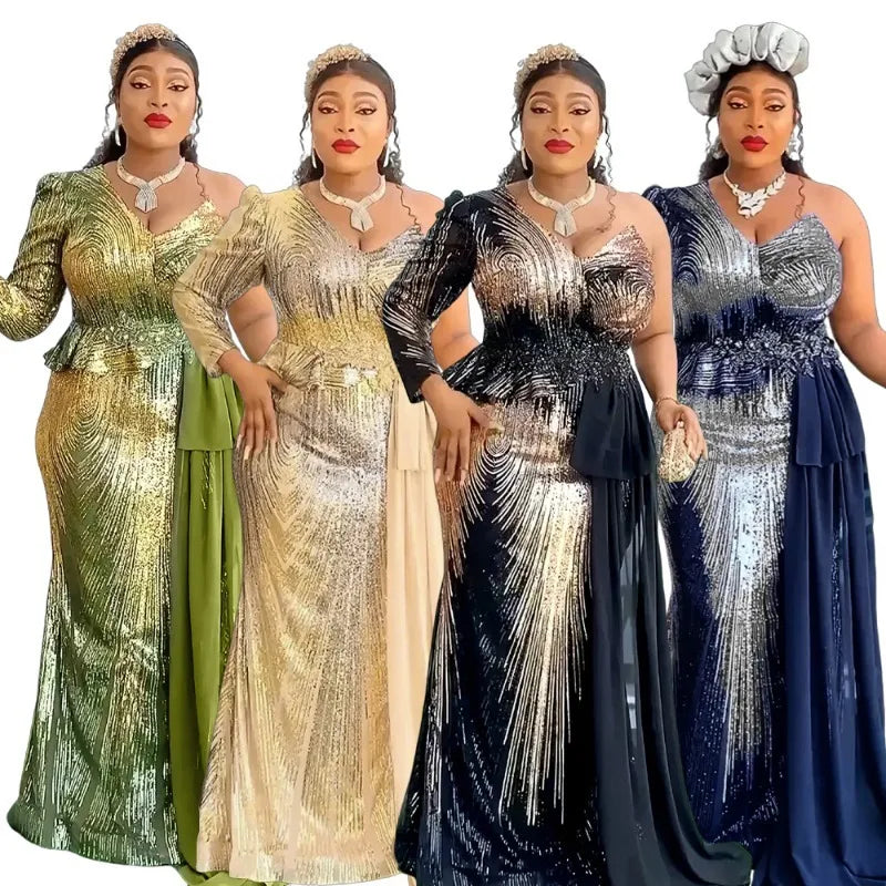 Customized Elegant Dress Women for Wedding Party Summer Autumn African V-neck Long Sleeve Evening Long Maxi Dress Gowns Africa C